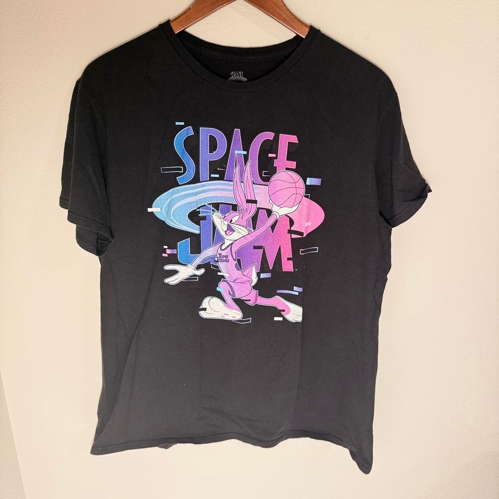 Space Jam Looney Tunes black cotton t-shirt with purple Bugs Bunny graphic